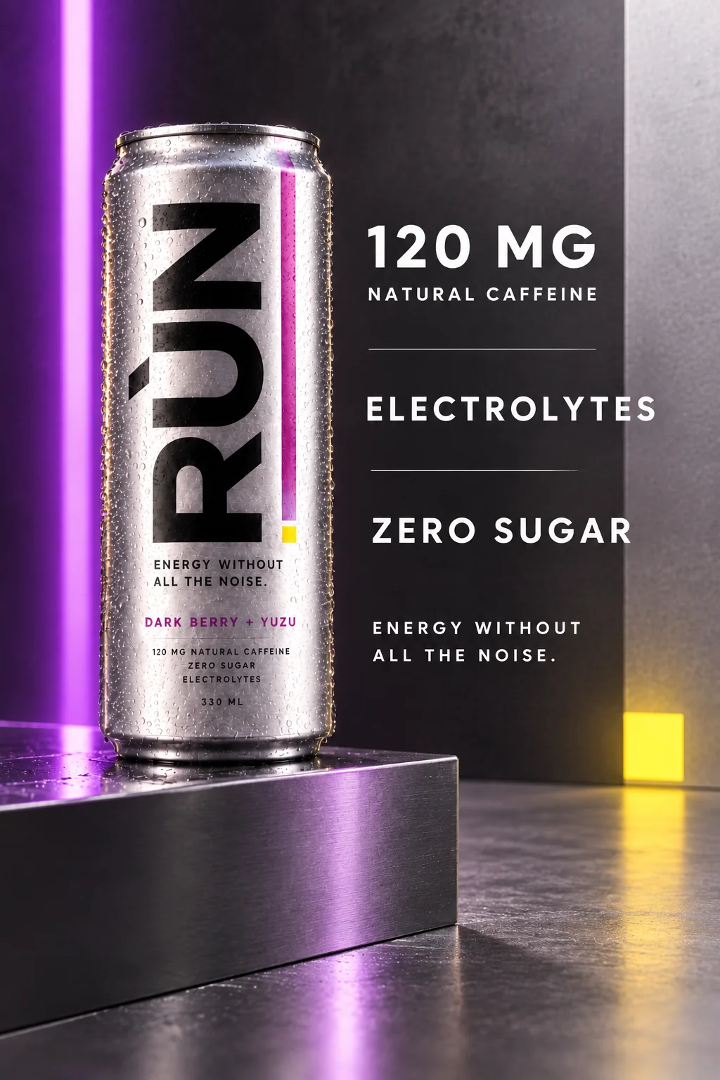 Rùn can on a steel plinth under purple light: 120 mg natural caffeine, electrolytes, zero sugar