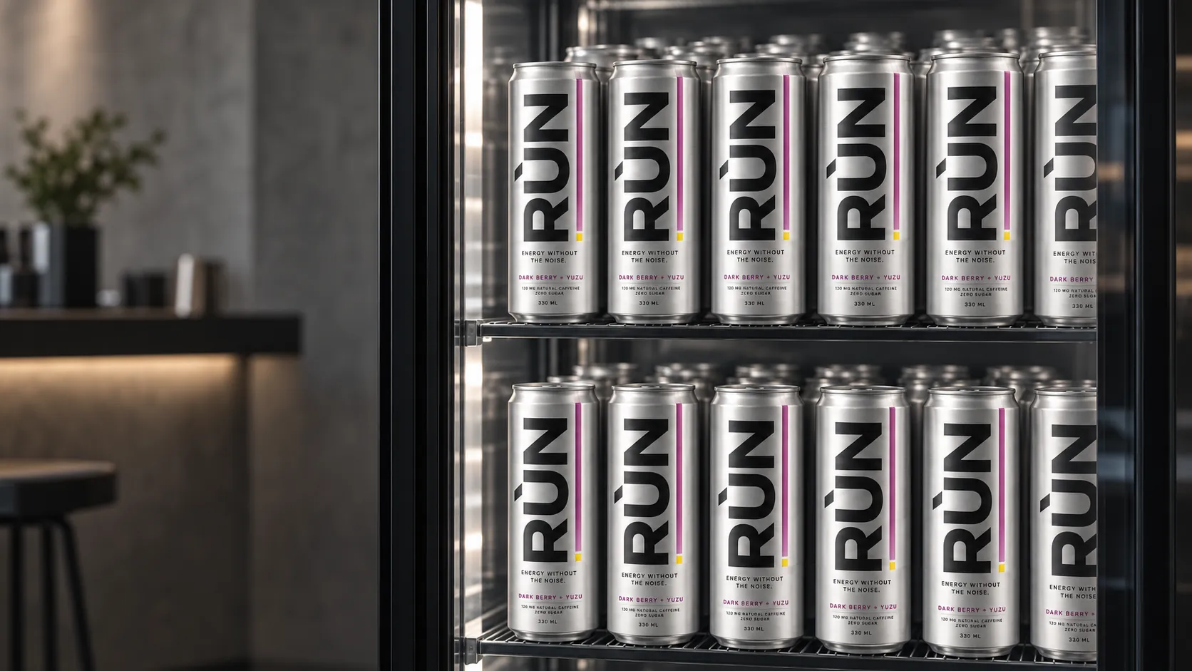 Rows of Rùn cans in a glass-door fridge