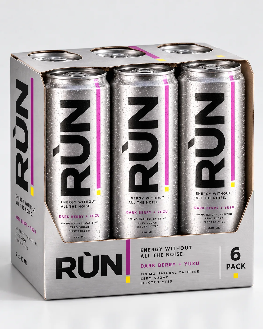 A six-pack carton of Rùn cans