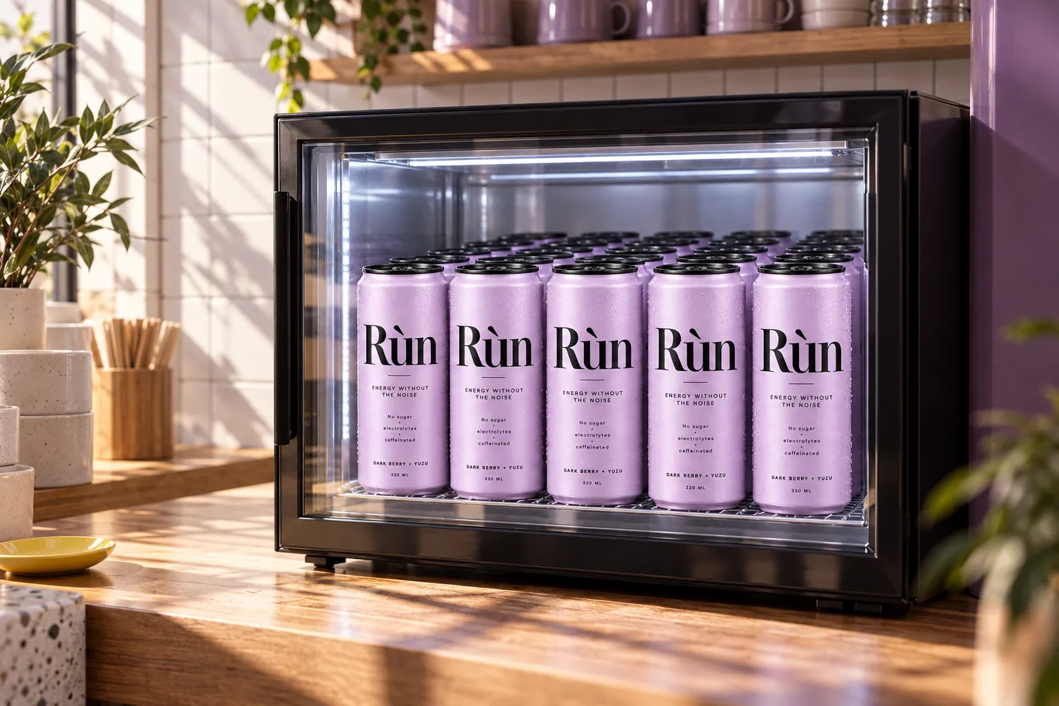 A café counter fridge stocked with rows of Rùn cans